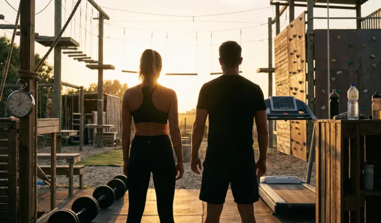 Homme et femme sports devant parcours condition physique