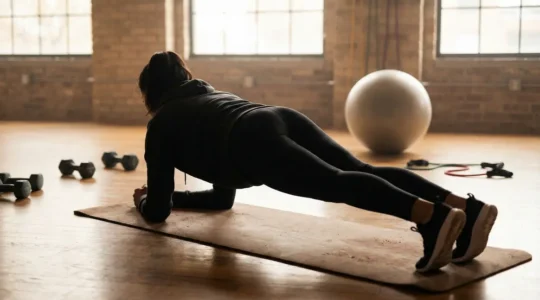 Personne en planche ventrale gainage sur tapis, ambiance fitness