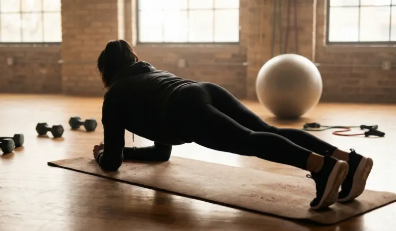 Personne en planche ventrale gainage sur tapis, ambiance fitness
