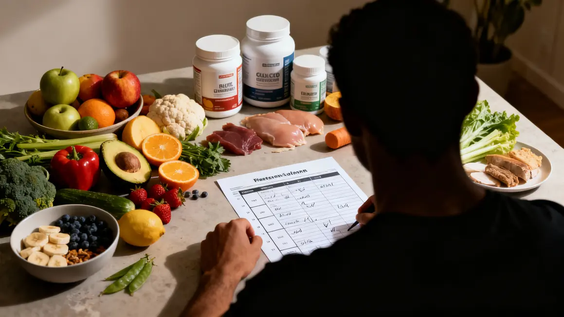 Tableau aliments sains avec compléments sportifs