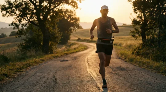 Runner préparation marathon sur route avec accessoires
