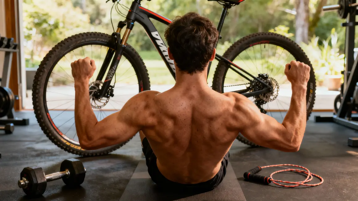 cycliste entrainement musculation haltere VTT