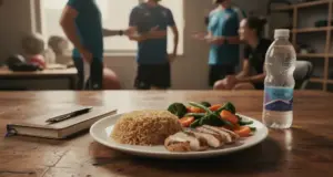 assiette repas sportif veille competition riz poulet legumes eau