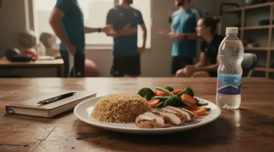 assiette repas sportif veille competition riz poulet legumes eau