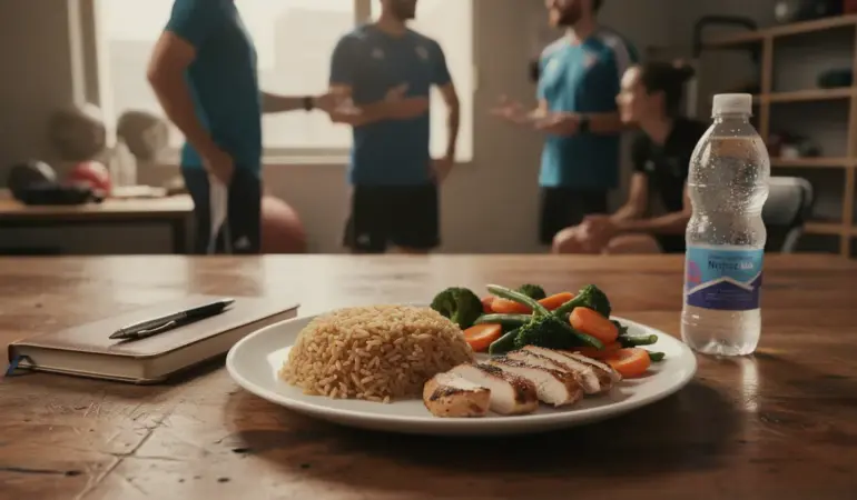 assiette repas sportif veille competition riz poulet legumes eau