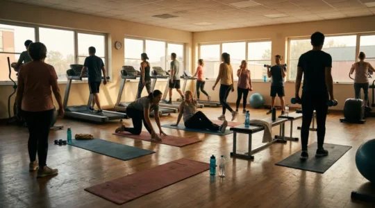 Groupe reprenant le sport en salle, étirements et poids légers, ambiance motivante