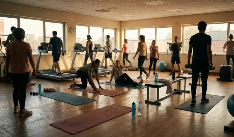 Groupe reprenant le sport en salle, étirements et poids légers, ambiance motivante