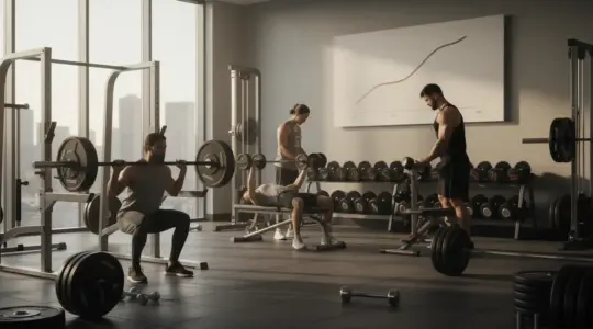 Salle de musculation moderne avec haltères et athlètes en action