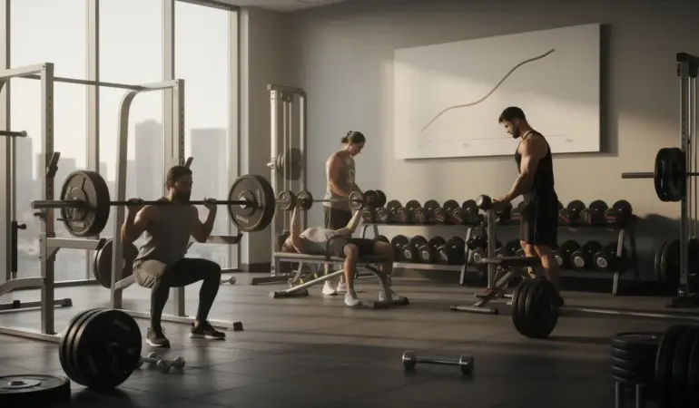 Salle de musculation moderne avec haltères et athlètes en action