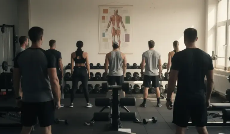 Salle de sport silhouettes athlètes devant haltères dopage Winstrol
