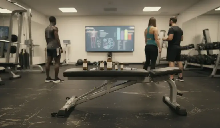 Salle de sport, testostérone, stéroïdes, seringues, ambiance neutre