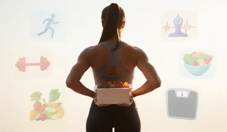 Silhouette sportive avec Bioxtrim premium gummies et icônes minceur