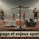 Stade silhouettes sportifs, balance flacons haltères, ambiance dopage