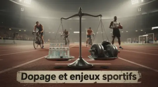 Stade silhouettes sportifs, balance flacons haltères, ambiance dopage