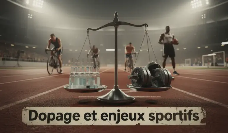 Stade silhouettes sportifs, balance flacons haltères, ambiance dopage