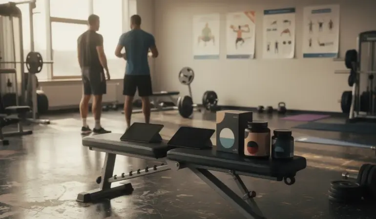 Salle de sport, hommes, supplements, ambiance dynamique
