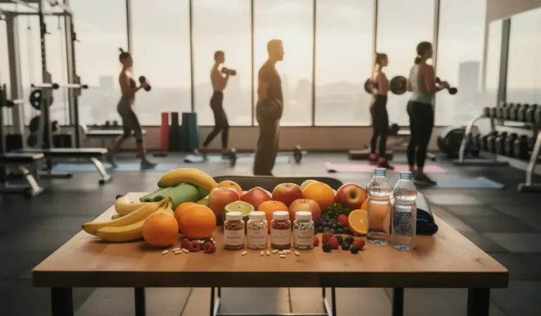 Salle de sport moderne, table de compléments NexaSlim naturels
