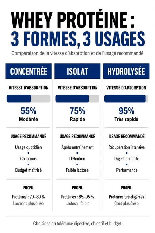 Infographie comparative des types de whey protéine : concentrée, isolat et hydrolysée pour optimiser la prise de whey.