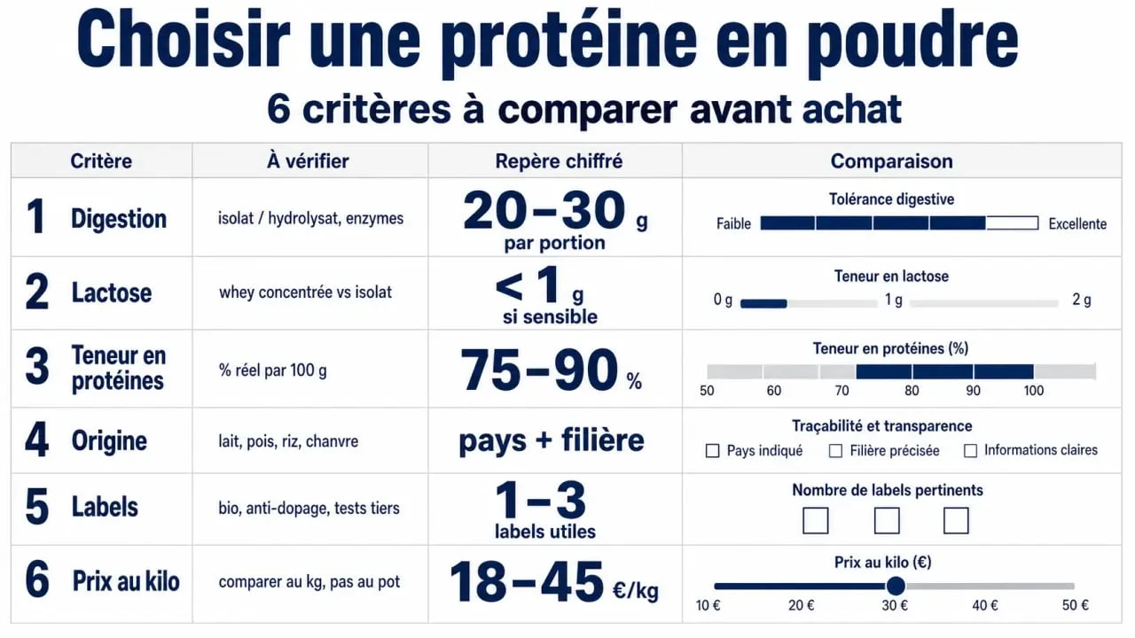 Comparatif visuel pour choisir la meilleur marque de proteine selon digestion, lactose, composition et prix