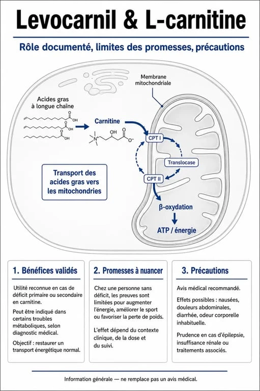 Infographie sur les bienfaits du Levocarnil, son mécanisme d’action et ses précautions