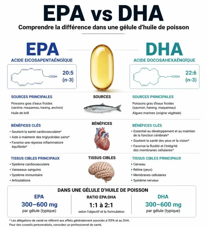 Infographie explicative sur la composition des gélules d'oméga 3 et le calcul du dosage quotidien