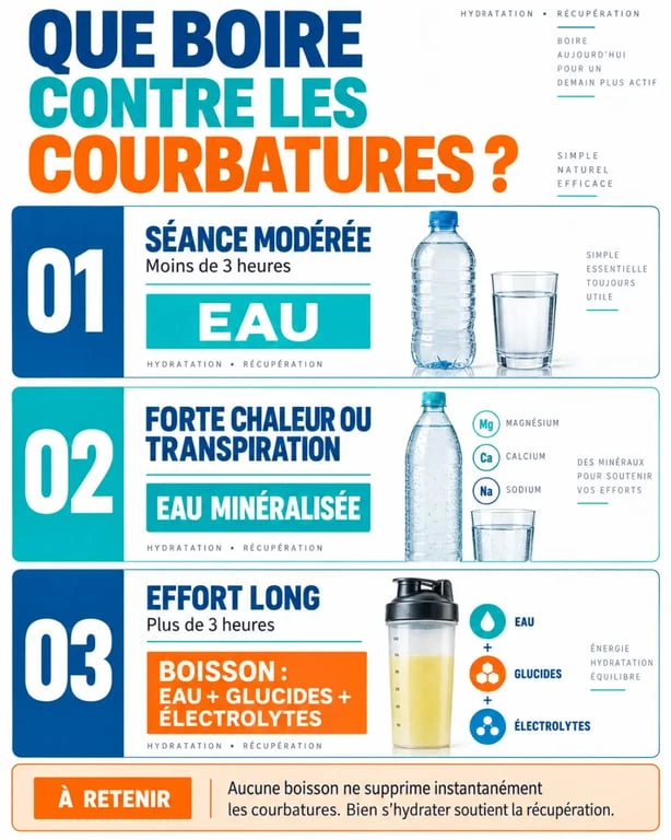 Que boire contre les courbatures selon la durée de l’effort : eau, eau minéralisée ou boisson énergétique