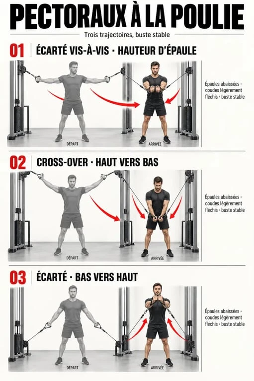 Illustration des trois principaux exercices de pec à la poulie et de leurs trajectoires