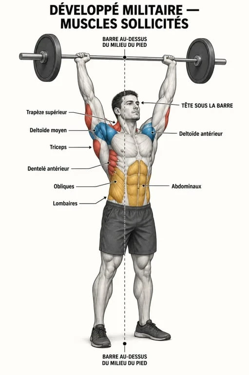 Schéma des muscles sollicités au développé militaire
