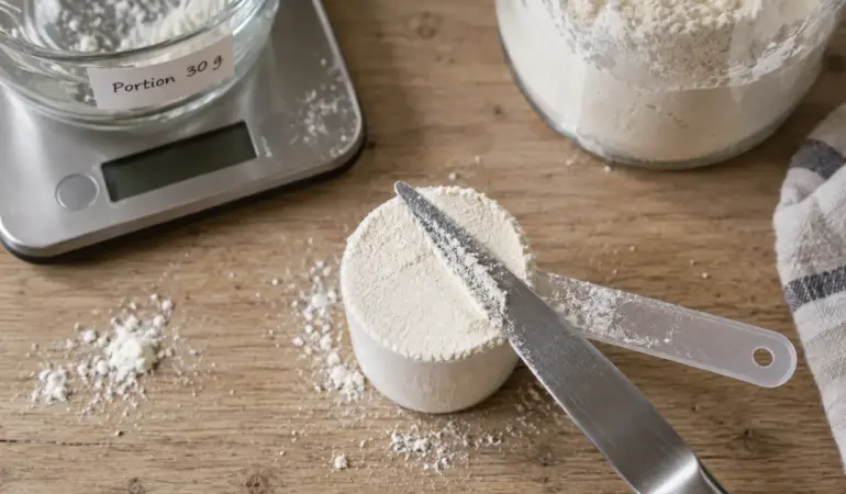 1 scoop de whey en gramme : portion 30 g sur balance